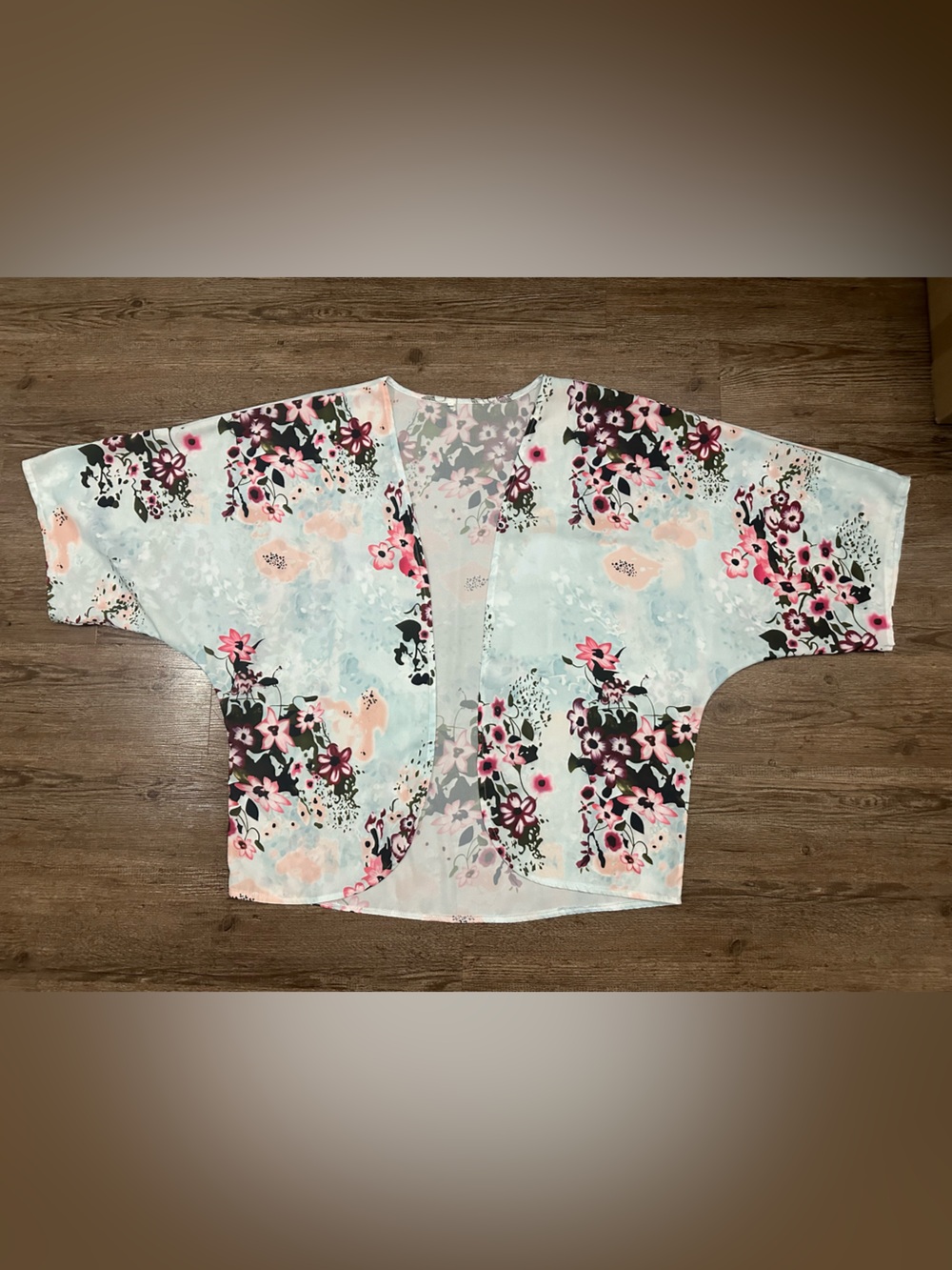 Light Blue Floral Open-Front Kimono Top